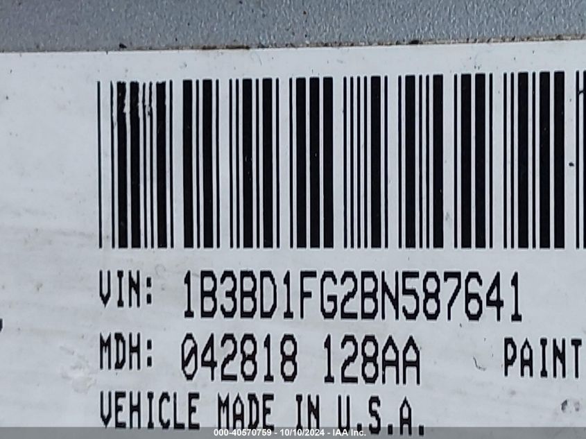 2011 Dodge Avenger Mainstreet VIN: 1B3BD1FG2BN587641 Lot: 40570759