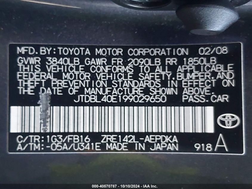 JTDBL40E199029650 2009 Toyota Corolla Le