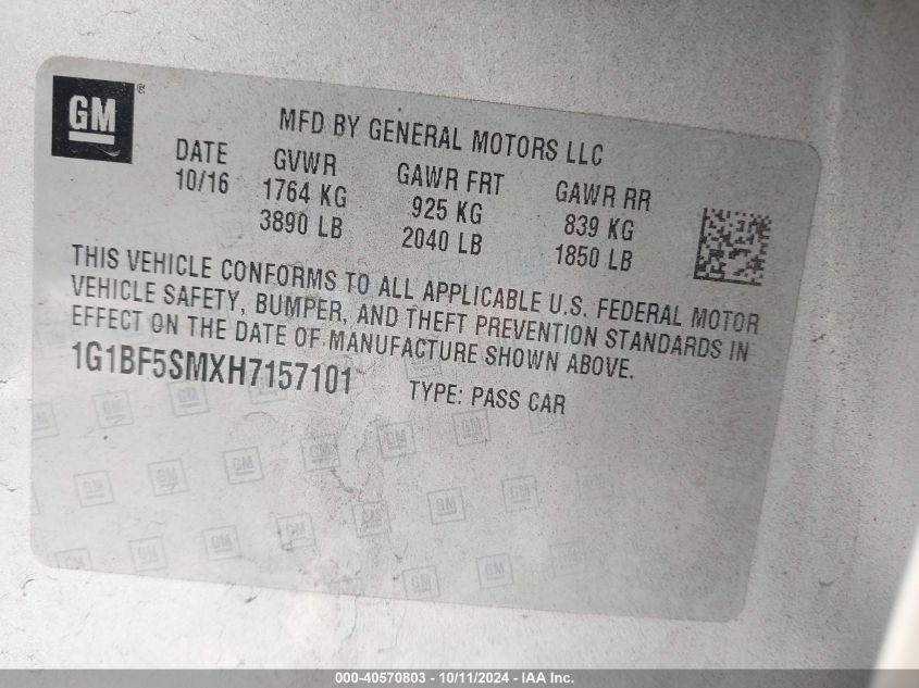 1G1BF5SMXH7157101 2017 Chevrolet Cruze Premier Auto