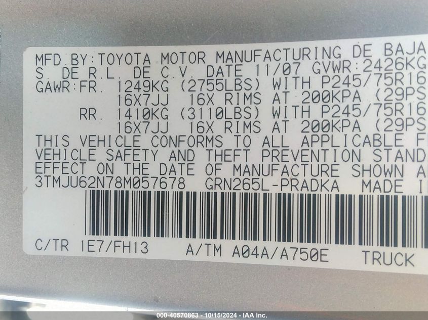 2008 Toyota Tacoma Prerunner V6 VIN: 3TMJU62N78M057678 Lot: 40570863