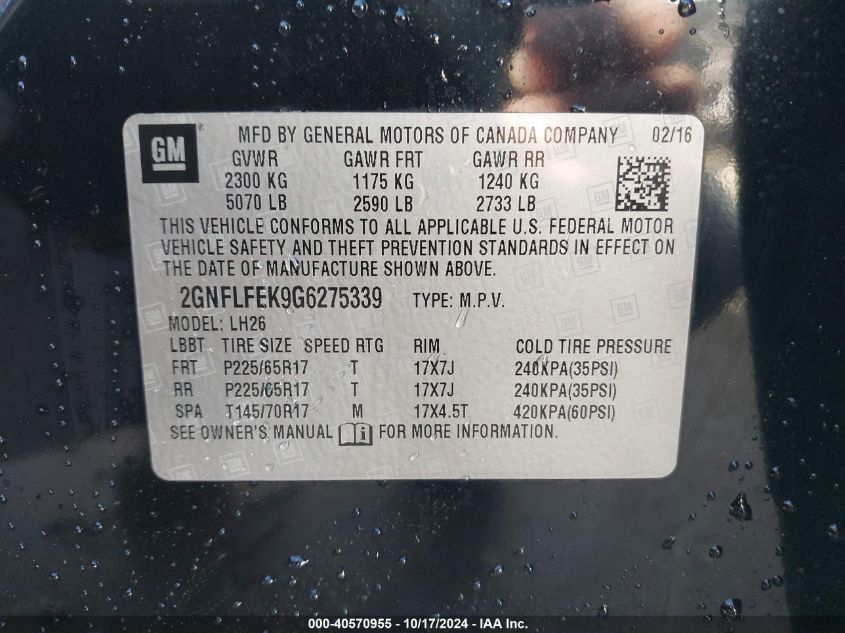 2016 Chevrolet Equinox Lt VIN: 2GNFLFEK9G6275339 Lot: 40570955