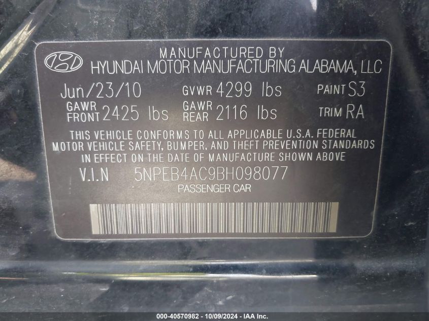 5NPEB4AC9BH098077 2011 Hyundai Sonata Gls