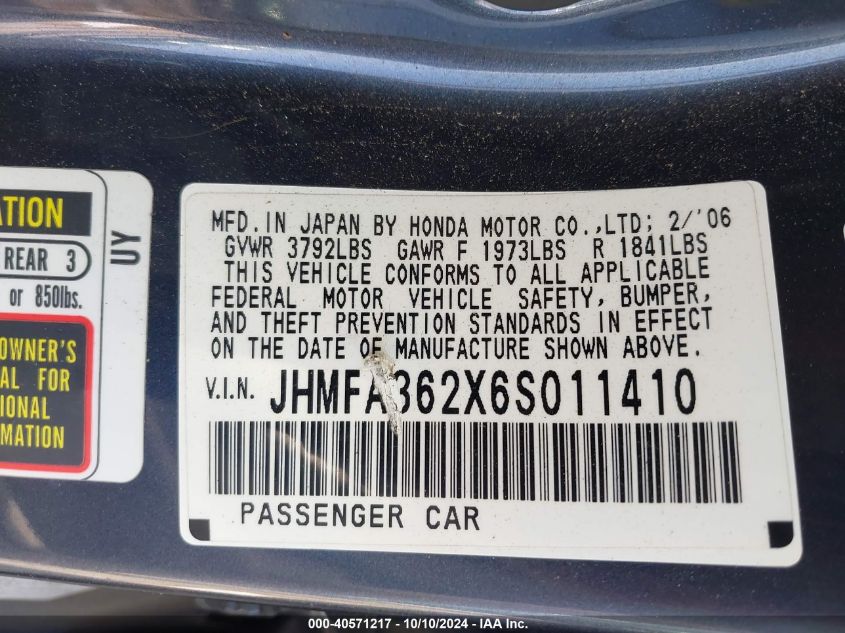 JHMFA362X6S011410 2006 Honda Civic Hybrid