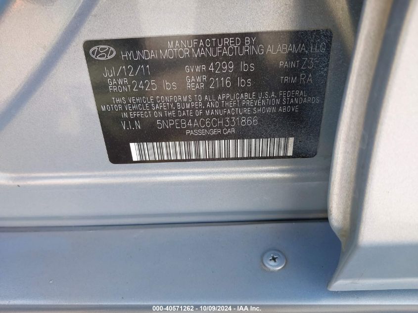 5NPEB4AC6CH331866 2012 Hyundai Sonata Gls