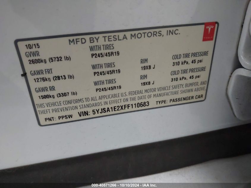 2015 Tesla Model S VIN: 5YJSA1E2XFF110683 Lot: 40571266