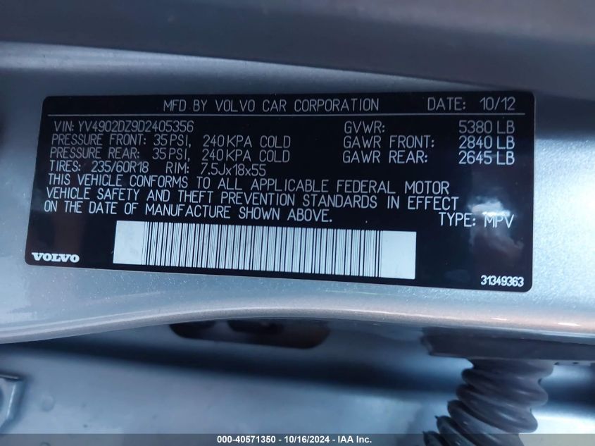 2013 Volvo Xc60 T6/T6 Platinum/T6 Premier Plus/T6 R-Design/T6 R-Design Platinum/T6 R-Design Premier Plus VIN: YV4902DZ9D2405356 Lot: 40571350