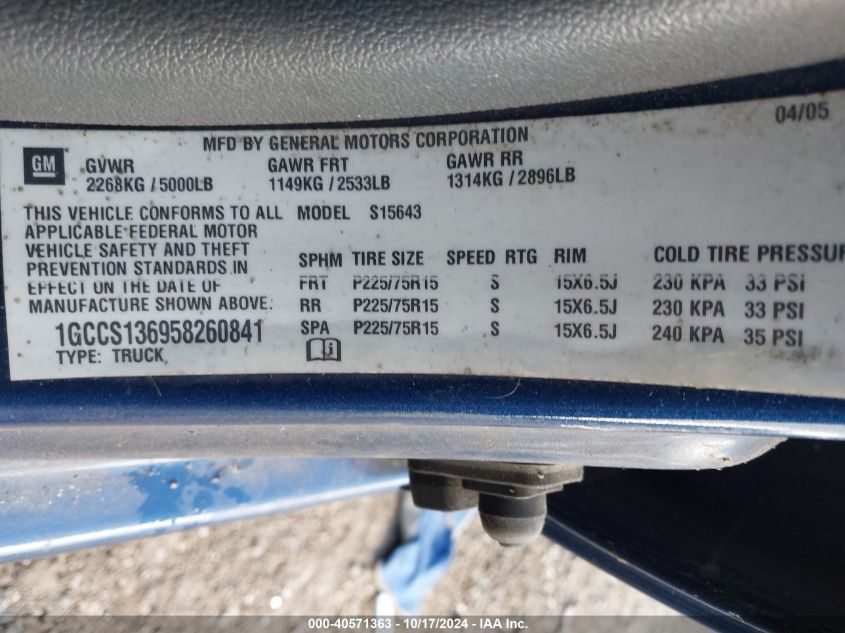 2005 Chevrolet Colorado Ls VIN: 1GCCS136958260841 Lot: 40571363