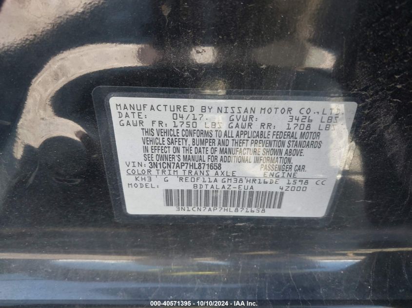 3N1CN7AP7HL871658 2017 Nissan Versa 1.6 S+