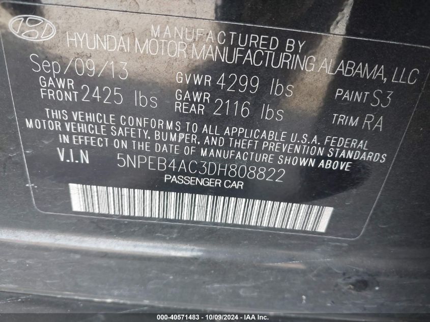 5NPEB4AC3DH808822 2013 Hyundai Sonata Gls