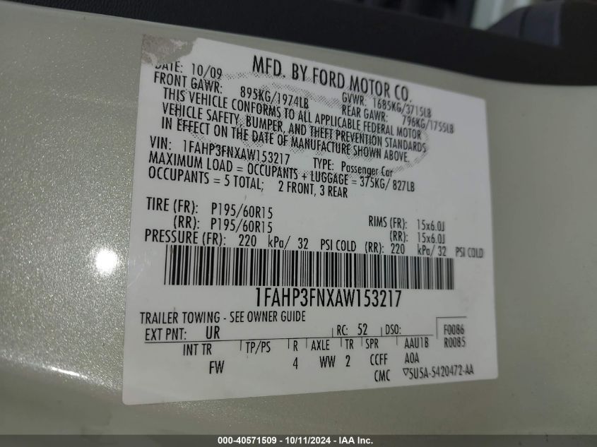 1FAHP3FNXAW153217 2010 Ford Focus Se