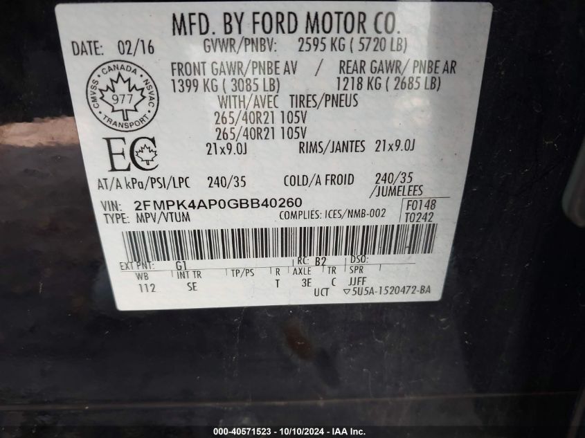 2FMPK4AP0GBB40260 2016 Ford Edge Sport