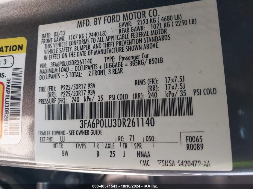 3FA6P0LU3DR261140 2013 Ford Fusion Hybrid Se