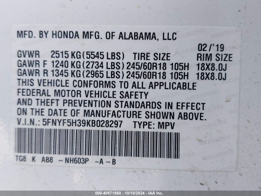 5FNYF5H39KB028297 2019 Honda Pilot Ex