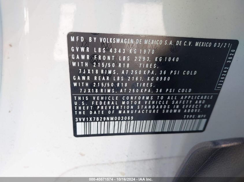 2022 Volkswagen Taos 1.5T Sel VIN: 3VV1X7B29NM003069 Lot: 40571574