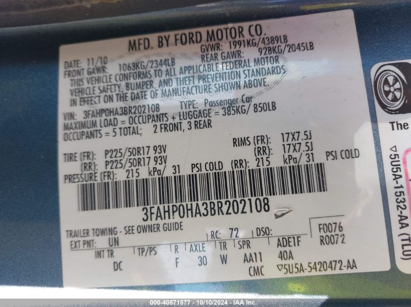 3FAHP0HA3BR202108 2011 Ford Fusion Se