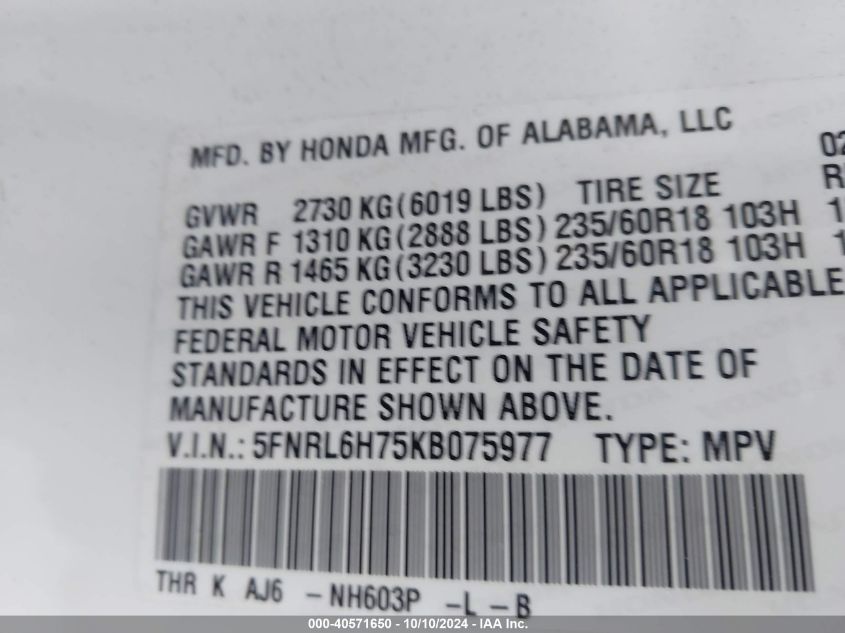 5FNRL6H75KB075977 2019 Honda Odyssey Ex-L