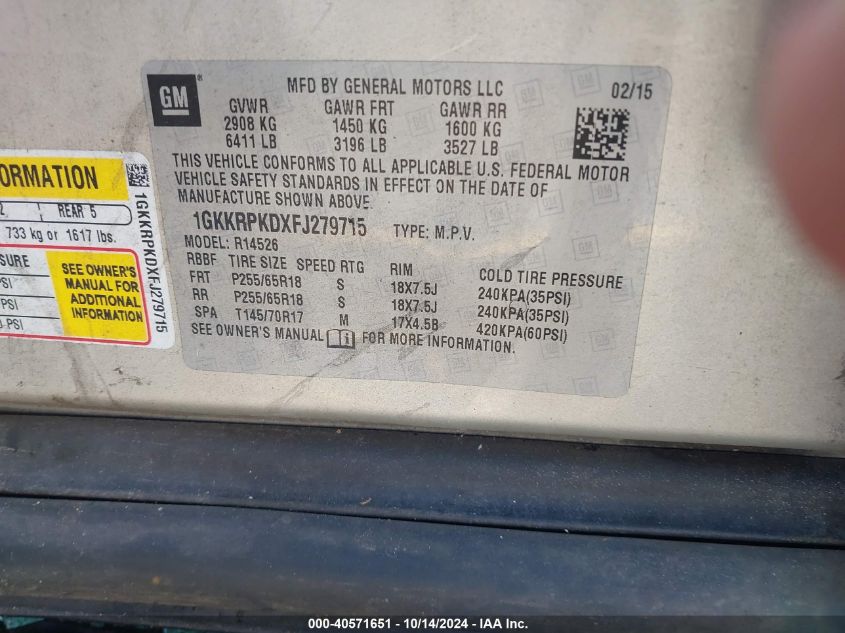 2015 GMC Acadia Sle-2 VIN: 1GKKRPKDXFJ279715 Lot: 40571651