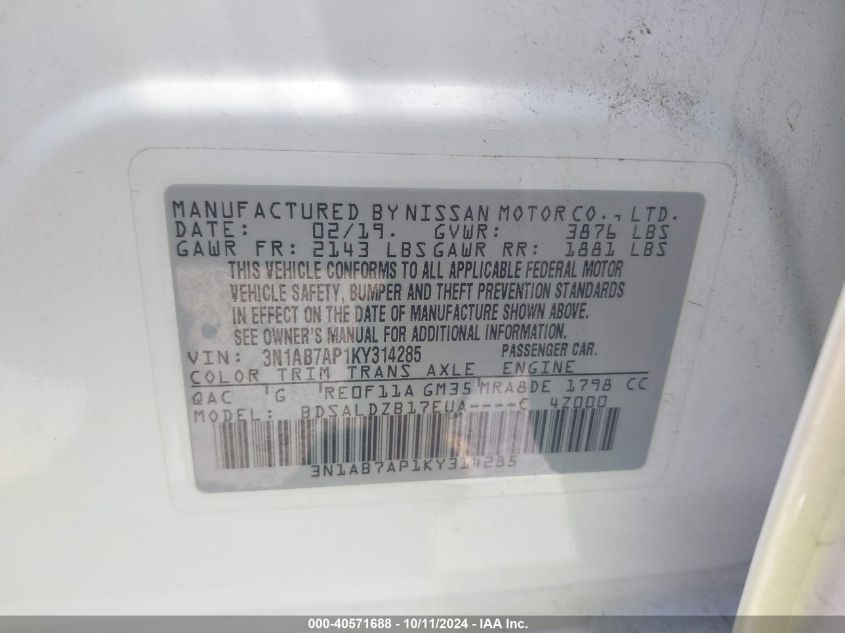 3N1AB7AP1KY314285 2019 Nissan Sentra Sv