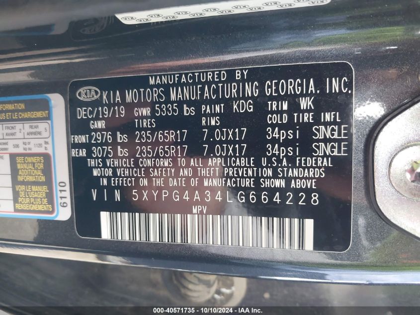 5XYPG4A34LG664228 2020 Kia Sorento 2.4L Lx