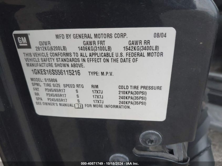 2005 GMC Envoy Xl Slt VIN: 1GKES16S556115216 Lot: 40571749