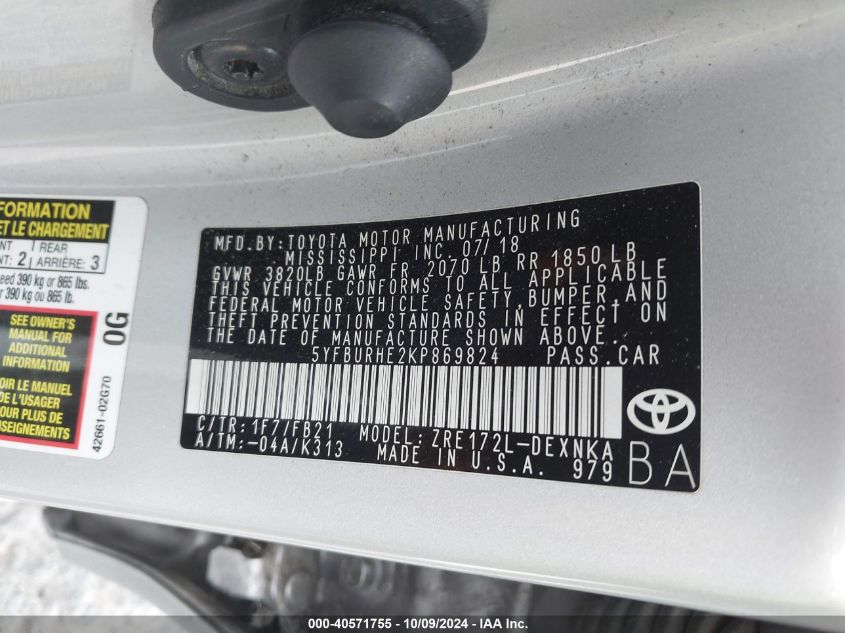 5YFBURHE2KP869824 2019 Toyota Corolla Le