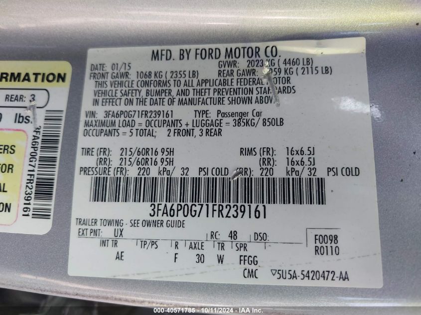 3FA6P0G71FR239161 2015 Ford Fusion S