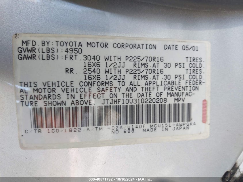 JTJHF10U310220208 2001 LEXUS RX photo no. 9