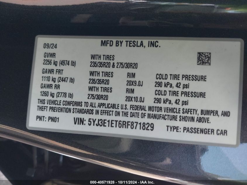 2024 Tesla Model 3 Performance VIN: 5YJ3E1ET6RF871829 Lot: 40571928