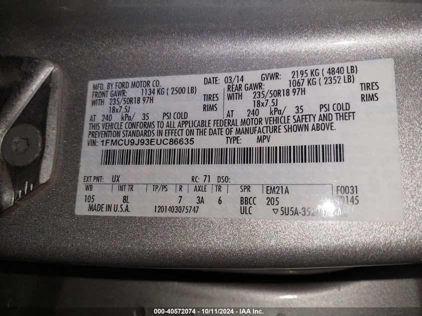 2014 Ford Escape Titanium VIN: 1FMCU9J93EUC86635 Lot: 40572074