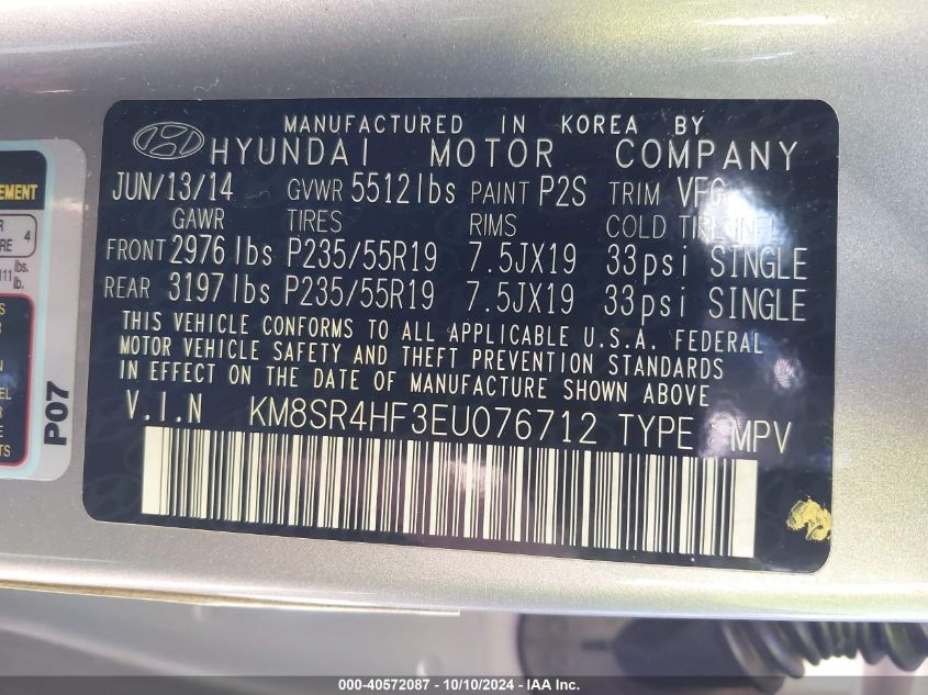 2014 Hyundai Santa Fe Limited VIN: KM8SR4HF3EU076712 Lot: 40572087