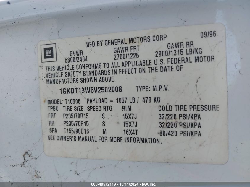1997 GMC Jimmy Sls VIN: 1GKDT13W6V2502008 Lot: 40572119