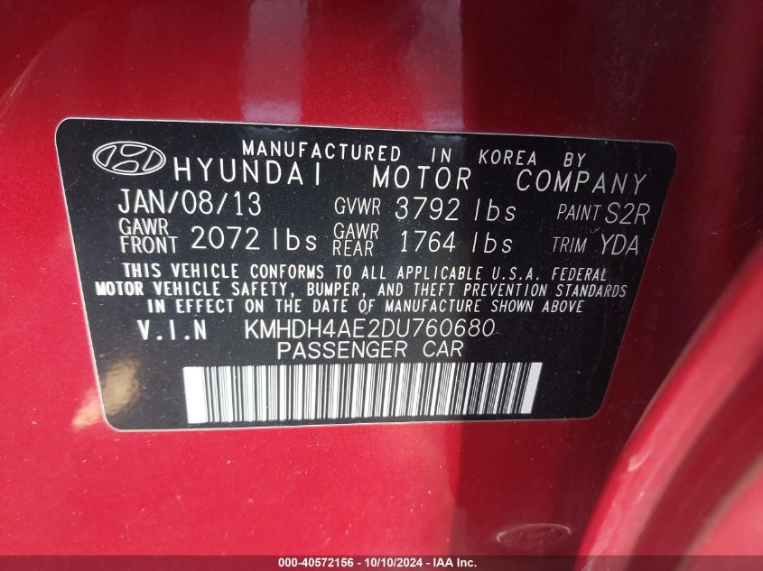 KMHDH4AE2DU760680 2013 Hyundai Elantra Gls