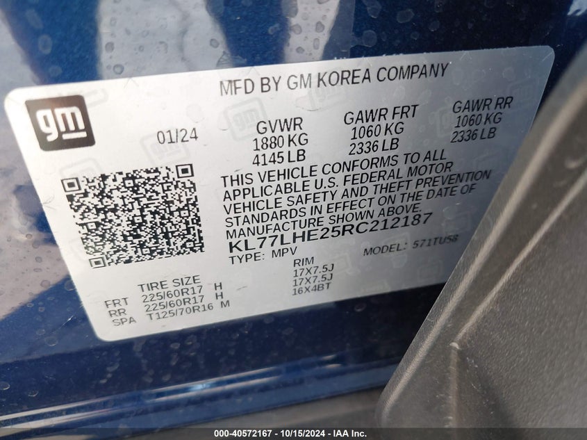 VIN KL77LHE25RC212187 2024 CHEVROLET TRAX FWD LT