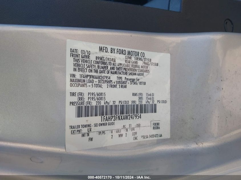 1FAHP3FNXAW247954 2010 Ford Focus Se