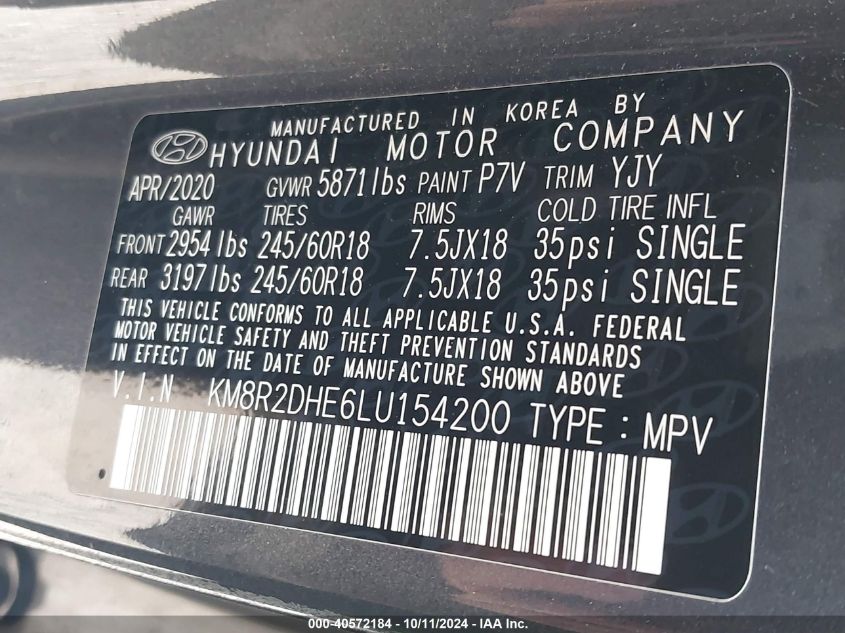 2020 Hyundai Palisade Sel VIN: KM8R2DHE6LU154200 Lot: 40572184