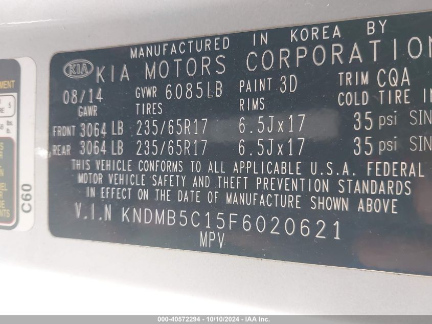 KNDMB5C15F6020621 2015 Kia Sedona Lx