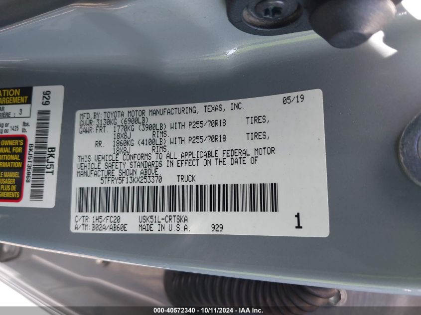 5TFRY5F13KX253370 2019 Toyota Tundra Sr5 5.7L V8