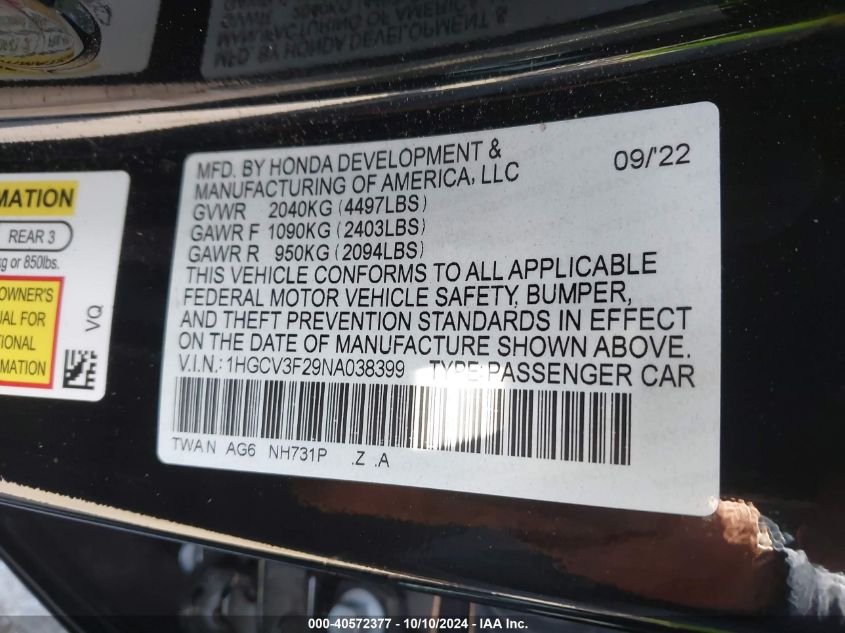 2022 Honda Accord Hybrid Sport VIN: 1HGCV3F29NA038399 Lot: 40572377