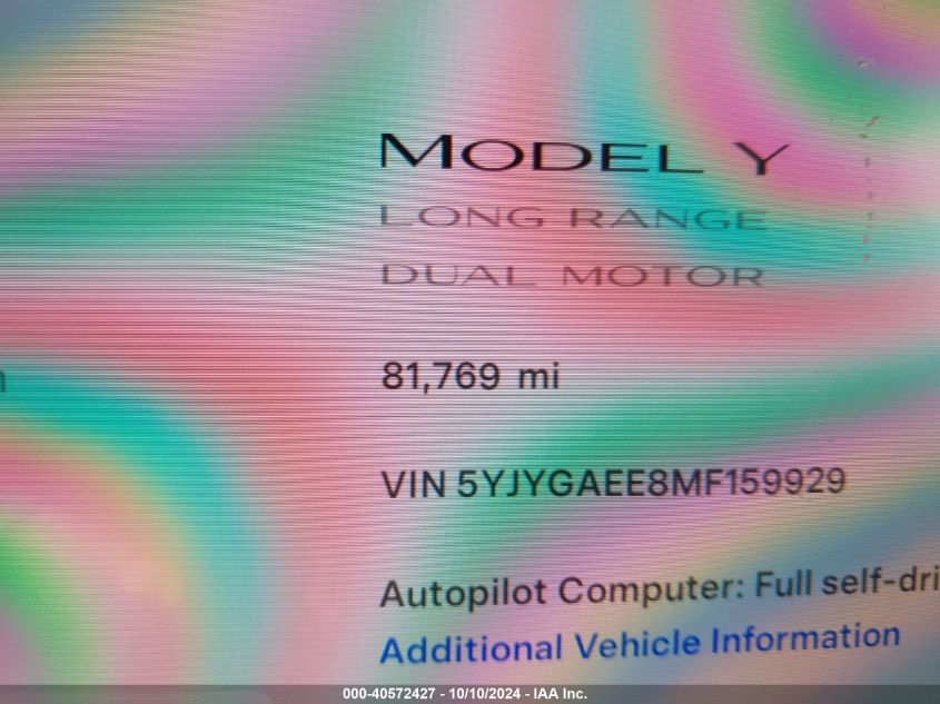 2021 Tesla Model Y Long Range Dual Motor All-Wheel Drive VIN: 5YJYGAEE8MF159929 Lot: 40572427