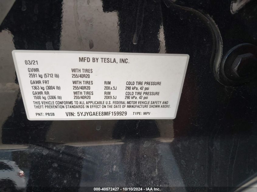 2021 Tesla Model Y Long Range Dual Motor All-Wheel Drive VIN: 5YJYGAEE8MF159929 Lot: 40572427