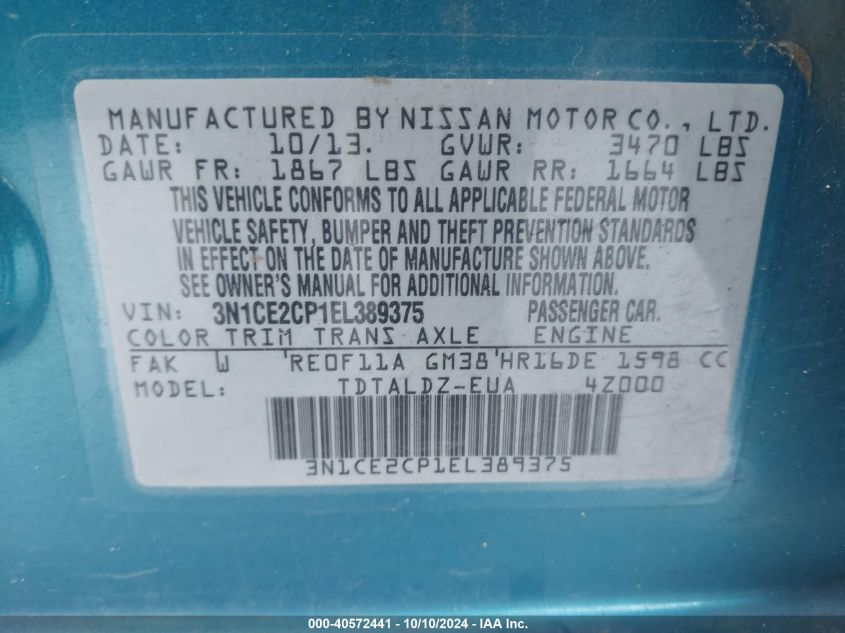 3N1CE2CP1EL389375 2014 Nissan Versa Note Sv