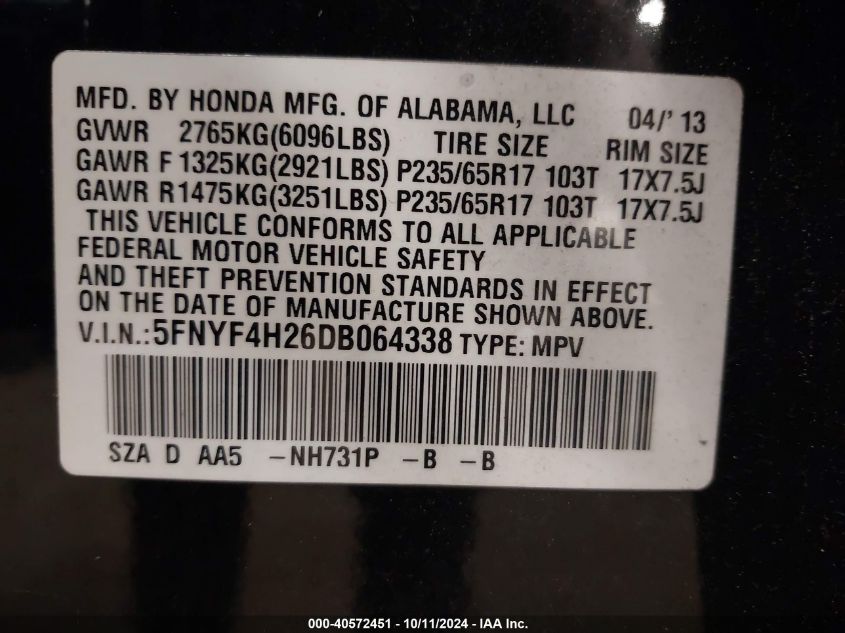 2013 Honda Pilot Lx VIN: 5FNYF4H26DB064338 Lot: 40572451