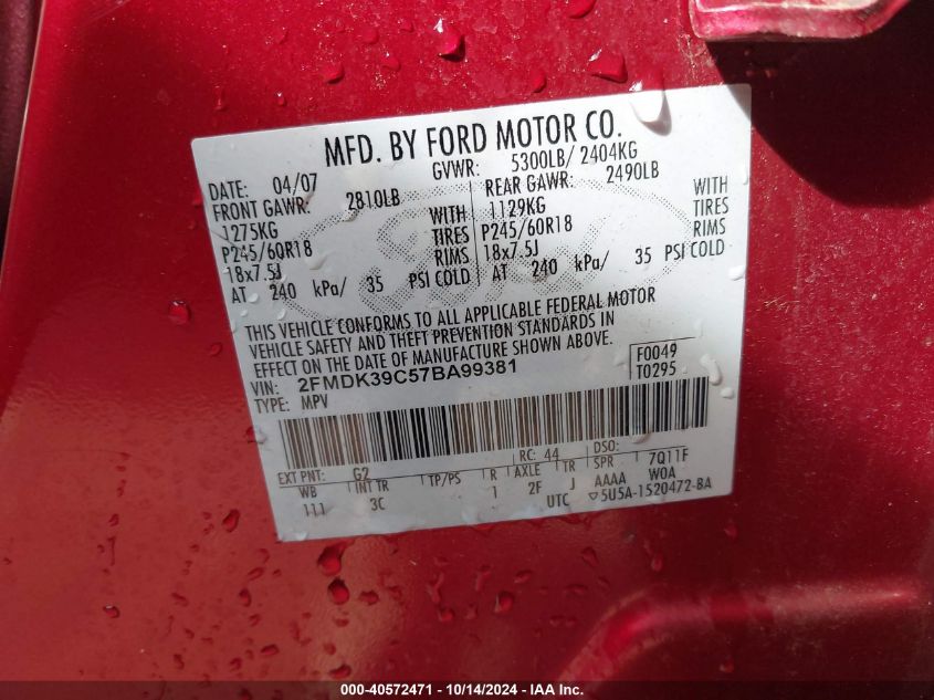 2007 Ford Edge Sel Plus VIN: 2FMDK39C57BA99381 Lot: 40572471