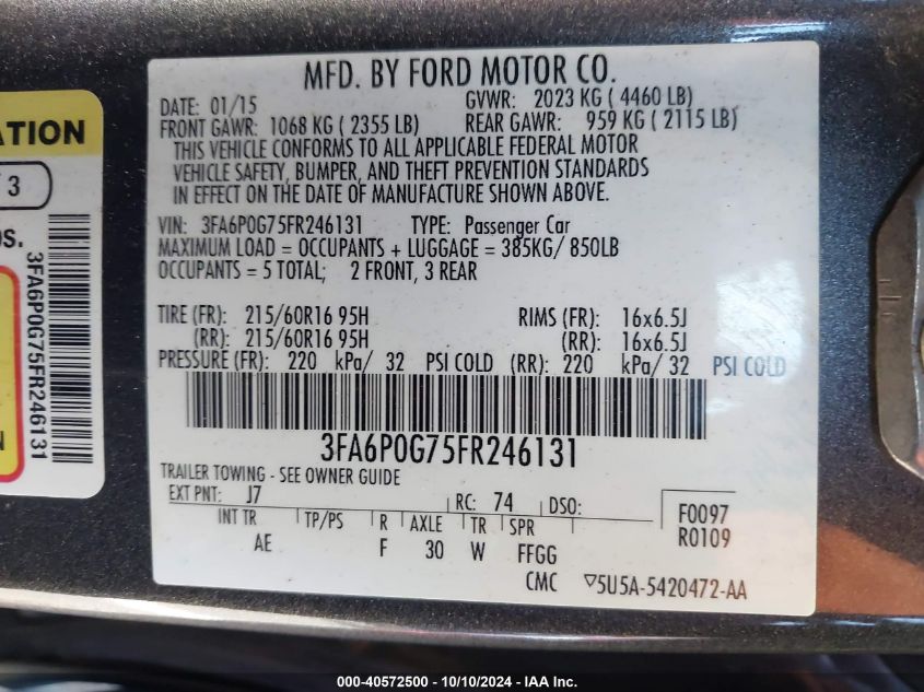 3FA6P0G75FR246131 2015 Ford Fusion S