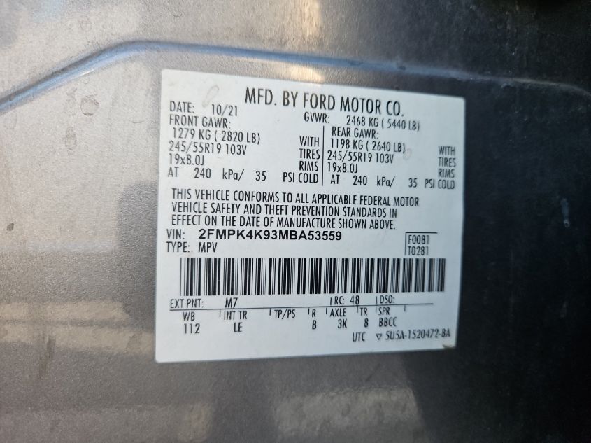 2FMPK4K93MBA53559 2021 Ford Edge Titanium