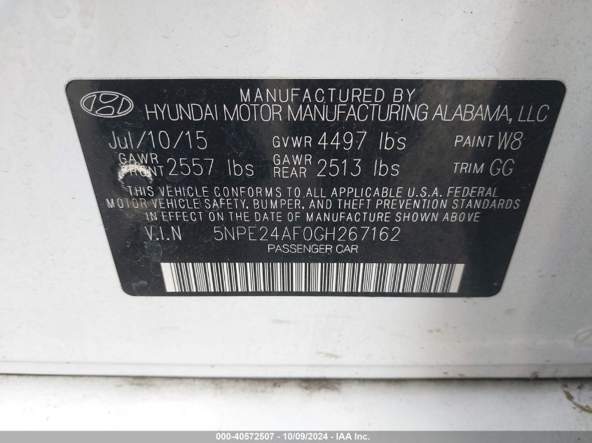 5NPE24AF0GH267162 2016 Hyundai Sonata Se