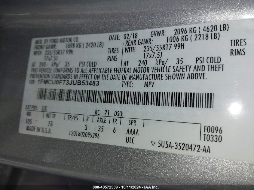 1FMCU0F73JUB53483 2018 Ford Escape S