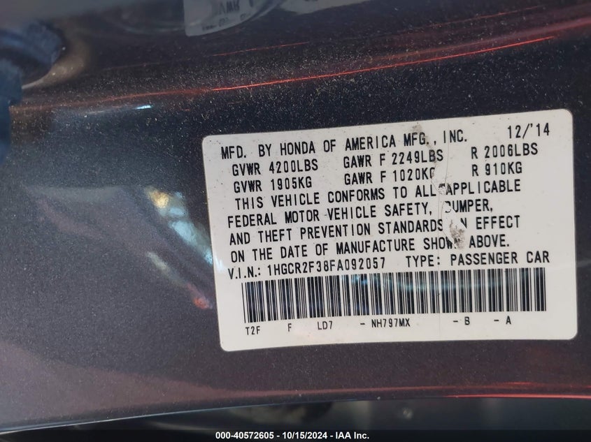 2015 HONDA ACCORD VIN: 1HGCR2F38FA092057