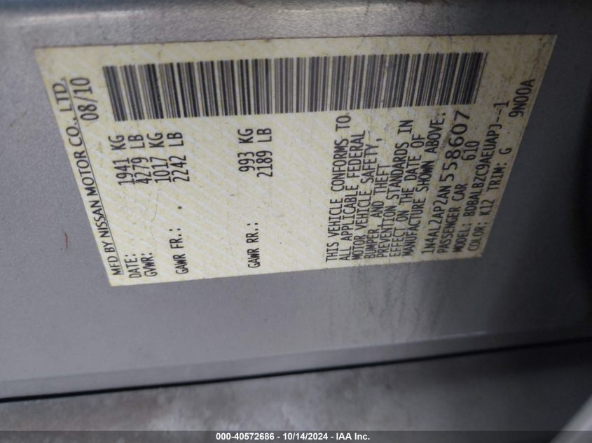 2010 Nissan Altima 2.5 S VIN: 1N4AL2AP2AN558607 Lot: 40572686