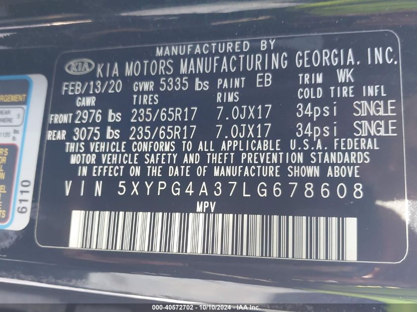 5XYPG4A37LG678608 2020 Kia Sorento 2.4L Lx